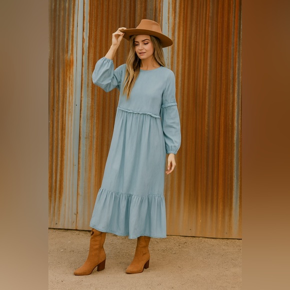 ASOS Dresses & Skirts - ASOS Light Blue Midi Dress with Long Puff Sleeves Size 12